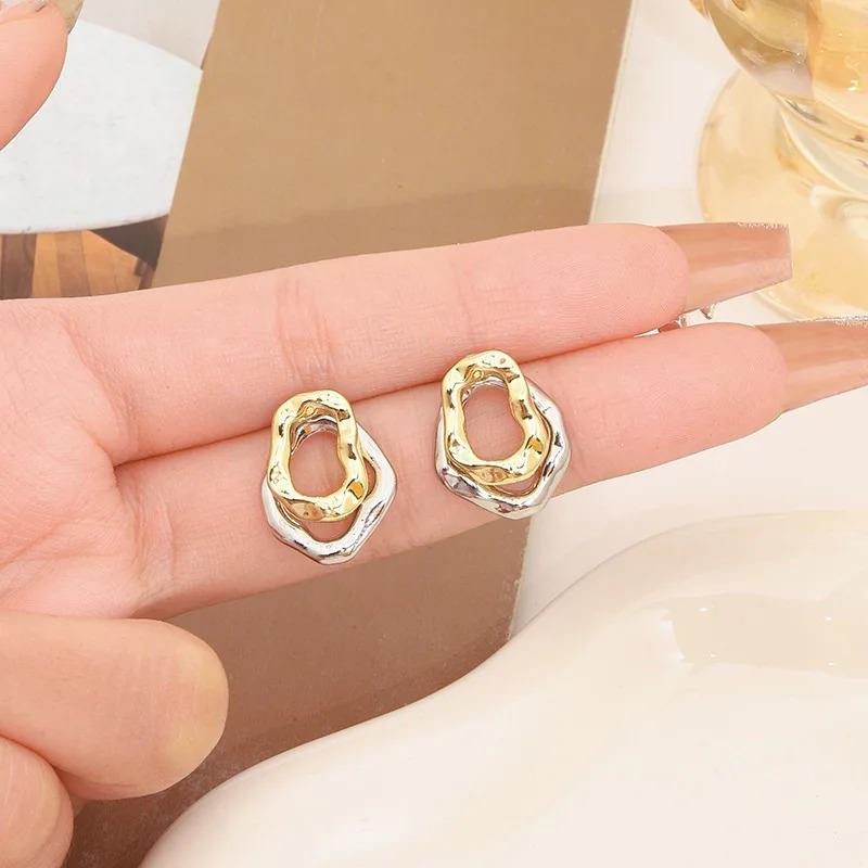 1PAIR Double Layer Irregular Geometric Pattern Copper Earrings, Uneven Surface Fashion Gold and Silver Jewelry Gift