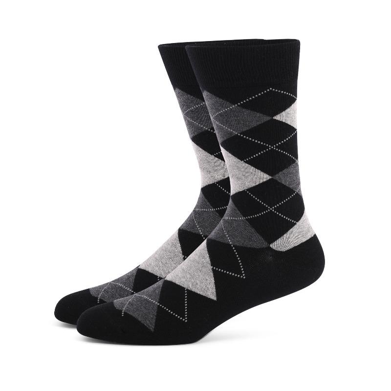 Men's Plus-size Socks Diamond Pattern Stripes Solid Color Business Thick Calf Socks for Autumn and Winter