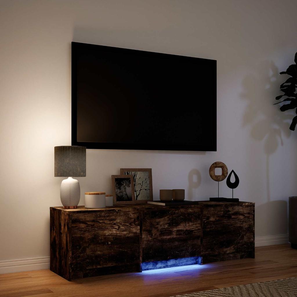 TV Stand with LED Lighting Smoked Oak Finish 140 x 34 x 40 cm