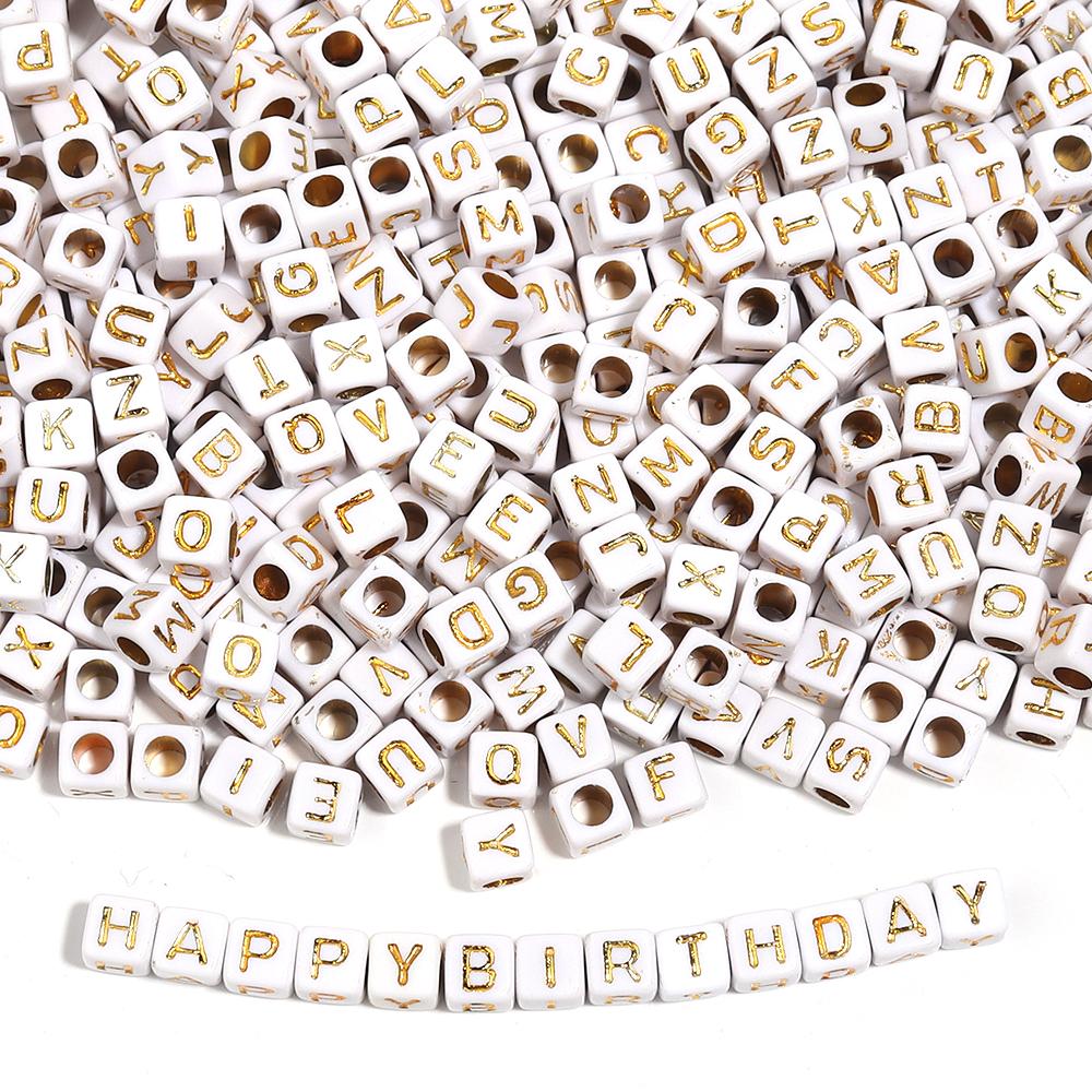 100pcs A-Z Acrylic Letter Square Beads Gold Color 6mm Large Hole Loose Bead for DIY Bracelet Necklace Jewelry Beaded Accessories