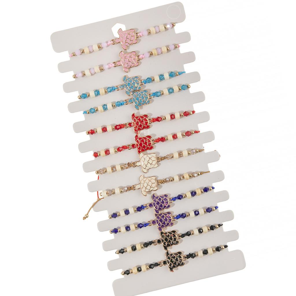 Pack of 12 Handmade Turtle Theme Adjustable Braided Bracelets with Alloy Turquoise Crystal Wood Beads for Women and Men