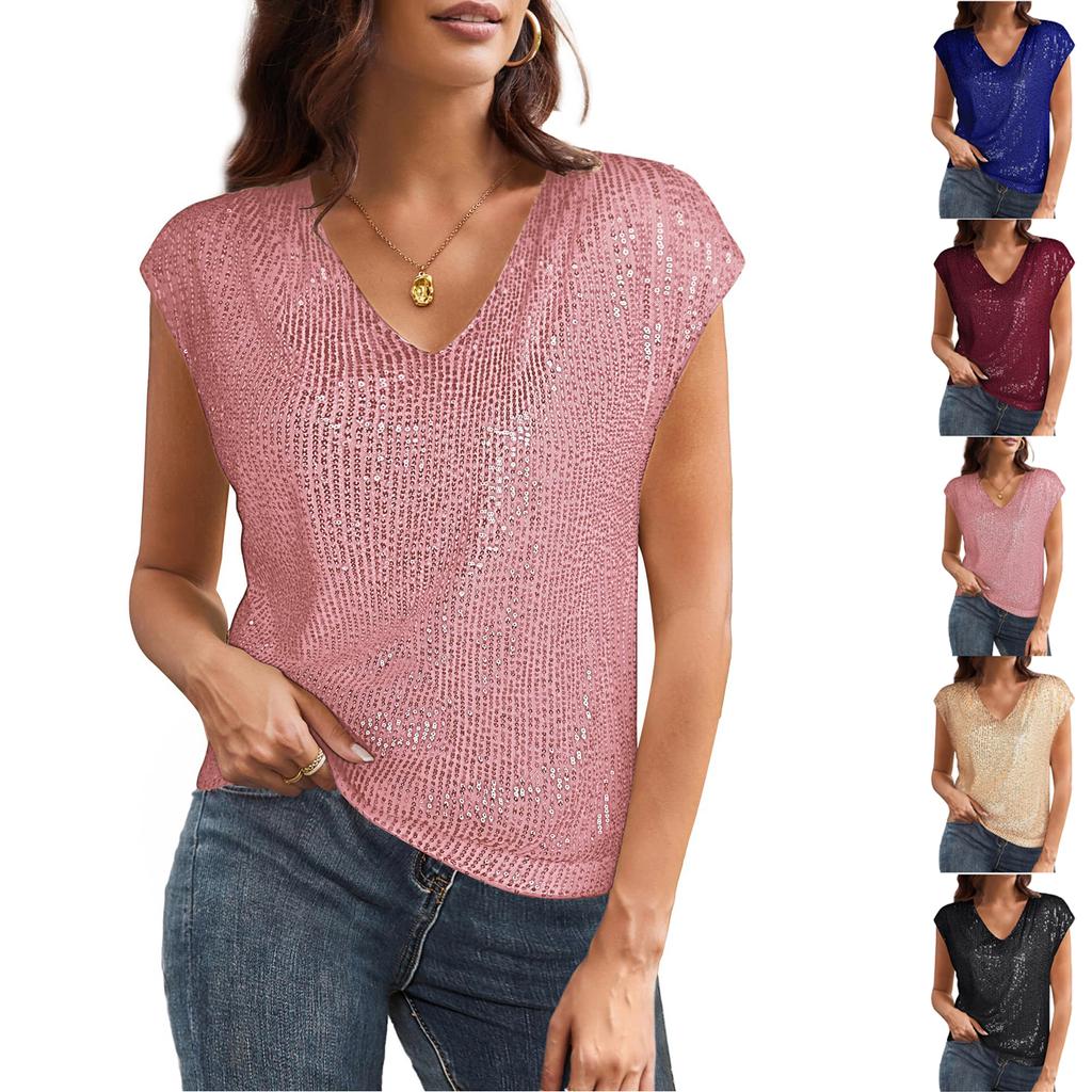 Short Sleeve Sequin Tops For Women V-Neck Sparkly Tank Tops Dressy Glitter Top Blouses