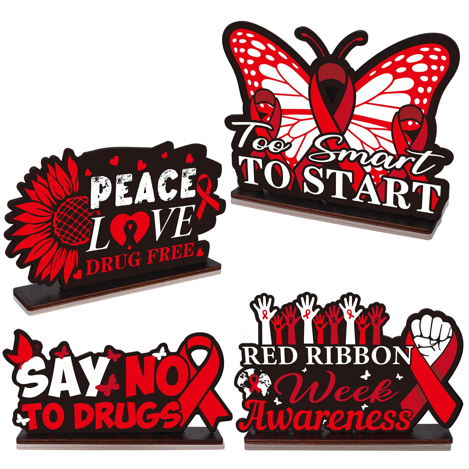 

4Pcs Red Anti Drug Awareness Wooden Sign Redss Ribbon Awareness Wooden Centerpiece For Red-S Anti-Drug Theme Party Women Support чёрный