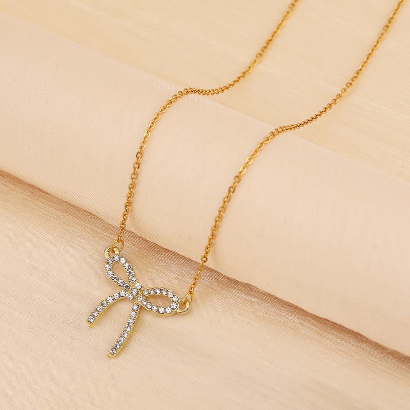 Chic Titanium Steel Bow Pendant Necklace For Women With Dazzling Diamond Inlay