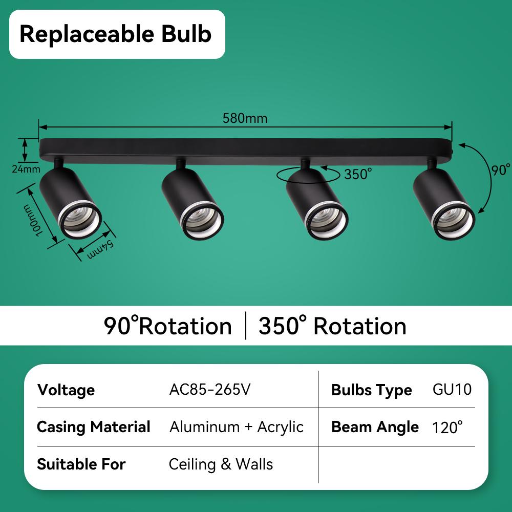 

Потолочный светодиодный точечный светильник GU10 Подвесная лампа Регулируемая люстра для гостиной Кухни Трековый точечный светильник Потолочная лампа для столовой 4-headed чёрный
