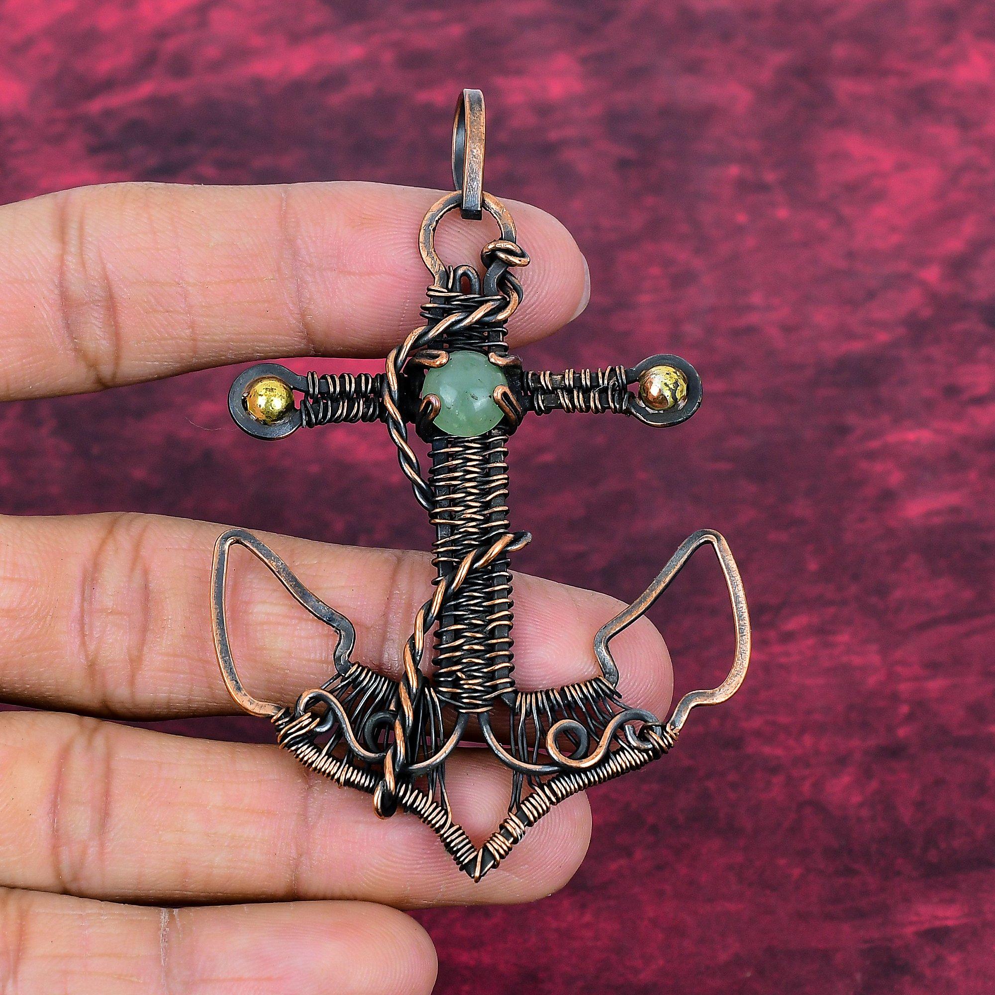 Moss Prehnite Gemstone Pendant Copper Wire Wrapped Jewelry Dainty Anchor Pendant