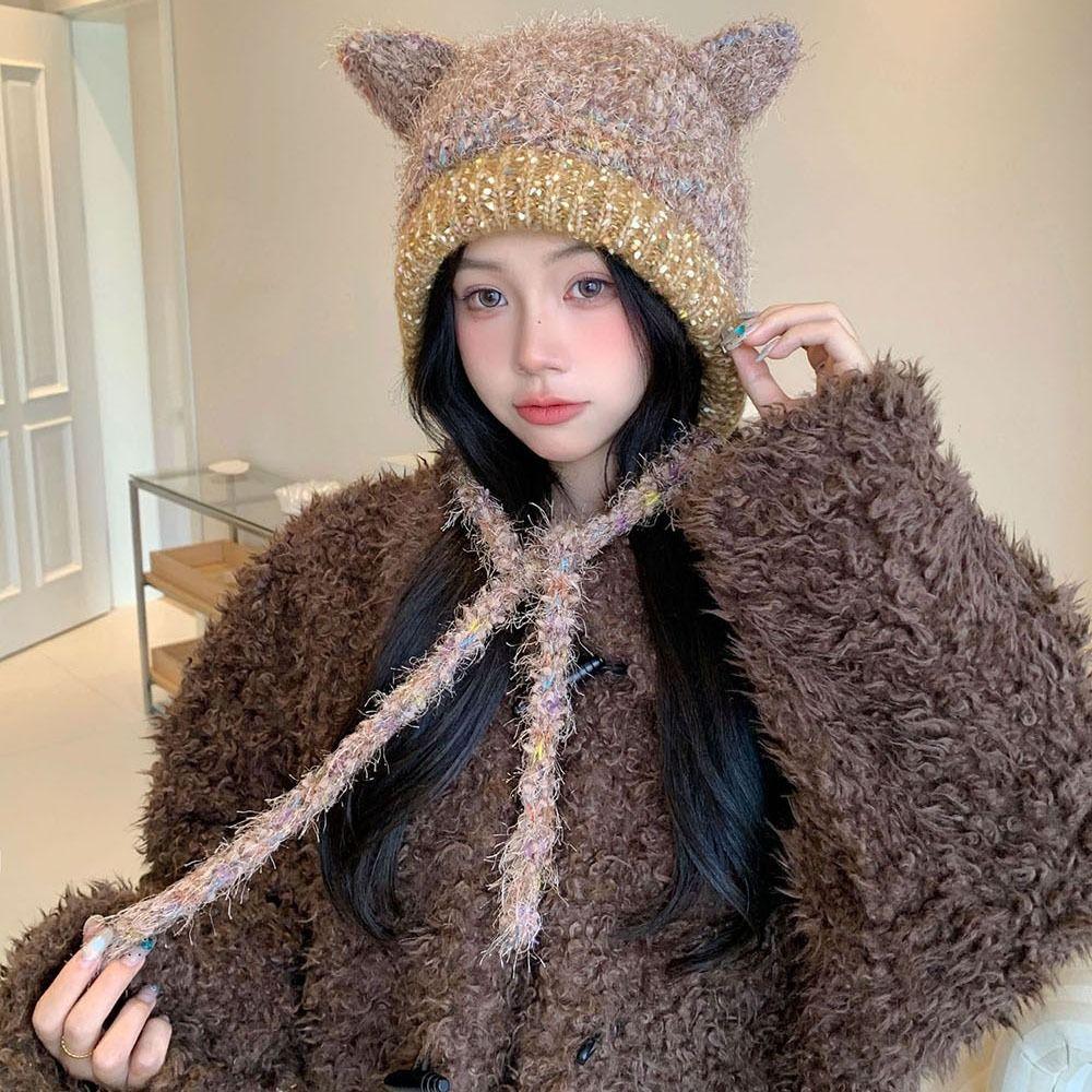 Multicolor Knitting Beanie Windproof Knitted Hat High Quality Long Loose Hat Headdress  Woman