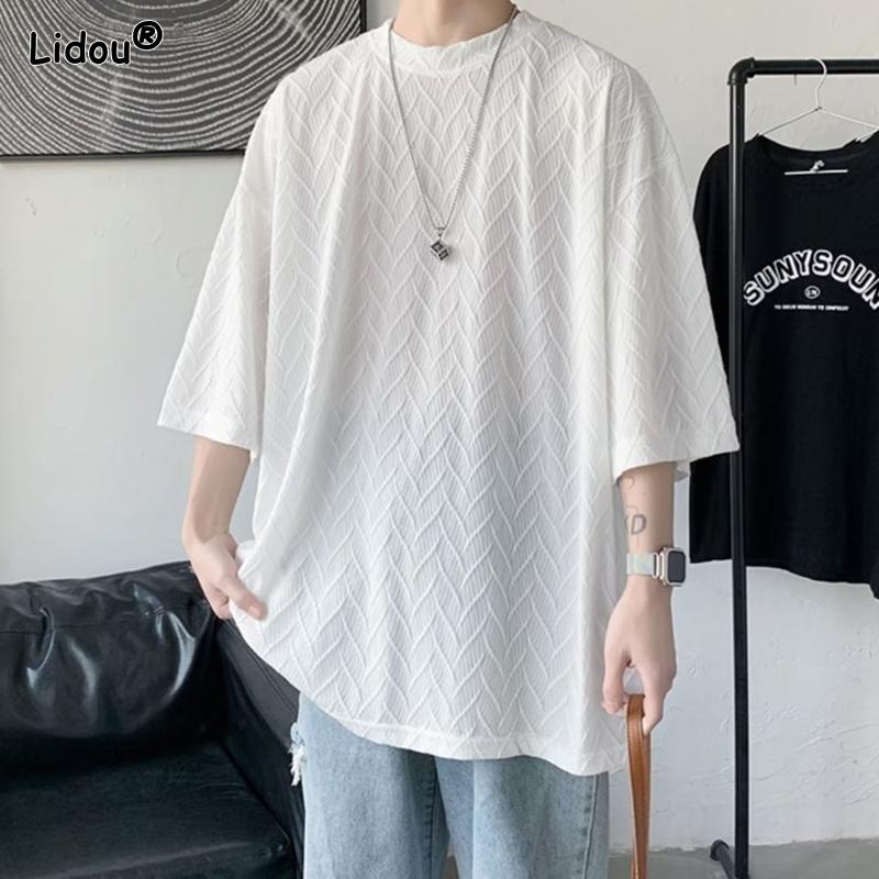

Men s Clothing Summer Thin Straight Round Neck Loose Simplicity Solid Short Sleeve Handsome Screw Thread Fashion Casual T-Shirts L белый