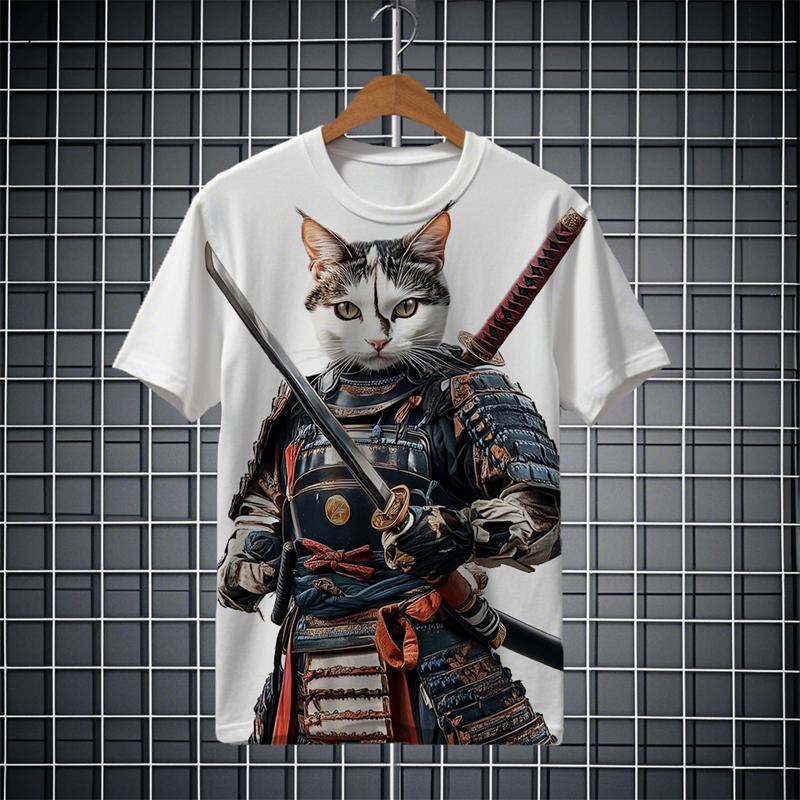 Fashion Japanese Samurai Cat  3D Print Men's short Sleeve T-shirt Fashion festival Crew Neck t shirt Tops polyester Men Clothing