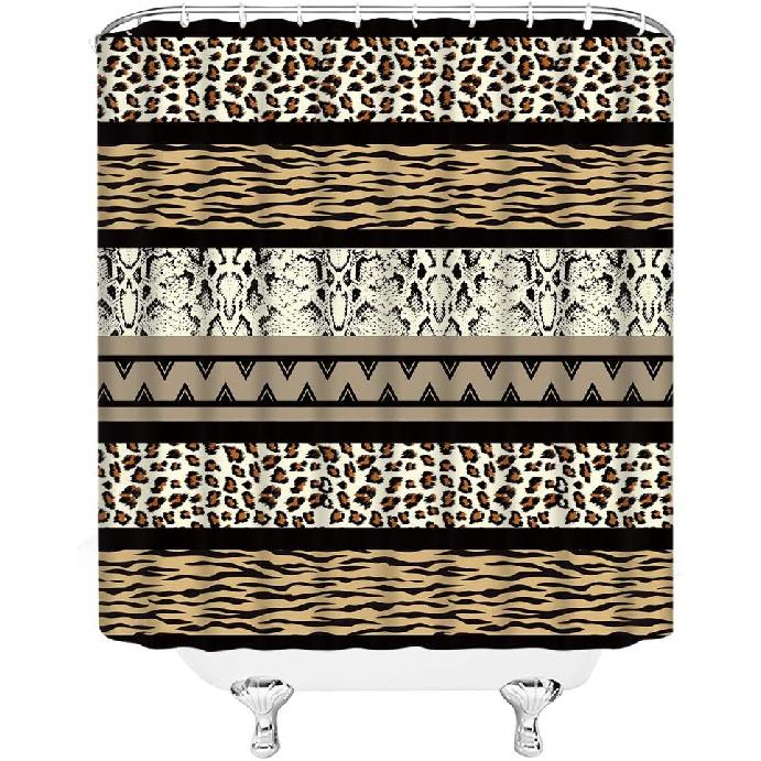 Leopard Print Shower Curtain African Animal Leopard Skin Pattern Stripes Patchwork Creative Art Home Bathroom Decor Fabric Curtain with 12