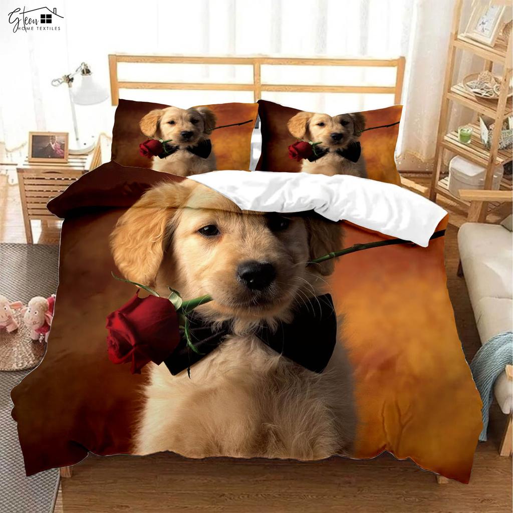 Housse de couette et taies d'oreiller 3 pièces à imprimé 3D d'animal chien mignon, 100% polyester doux et confortable, housse de couette en duvet