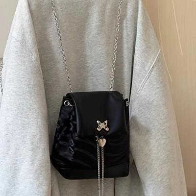 Chain Backpack, Xiaoxiangfeng Y2K Sweet and Cool Spice Girl 2023 New Mercerized Leather High-end Black Backpack Bag for Women