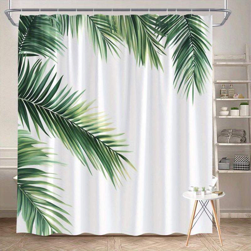 Palm Leaf Shower Curtain 180x180cm – Tropical Green on White, Minimalist Bathroom Decor, 12 Hooks Bath decorative shower curtain