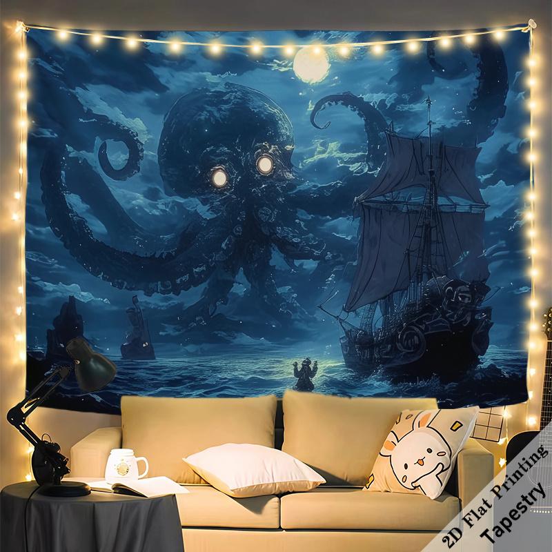 Large Kraken Octopus Pirate Ship Wall Tapestry Hanging Ocean Nautical Deep Sea Fantasy Art Decoration 180x280cm