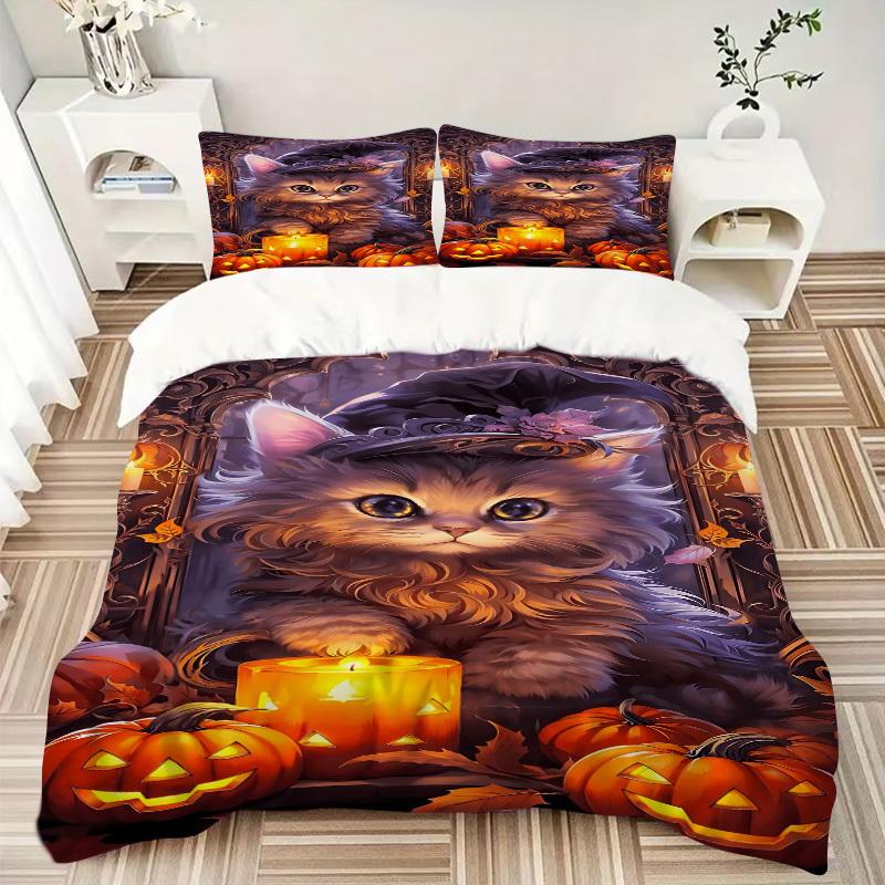 3pcs Witch Hat Kitty Art Duvet Cover Set -Includes 1 Duvet Cover and 2 Pillowcases, No Quilt Core, All-Season Home Decor  yy251111119