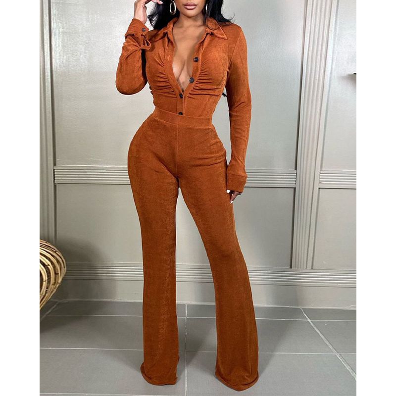 

Women Casual Long Sleeve Suit Xia Ou Beauty Pleated Zou Casual Long sleeve Spring and Autumn Set Brown XL