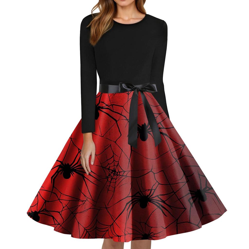 Women's Fashion O-Neck Casual Slim Fit Halloween Printed Long Sleeve Dress