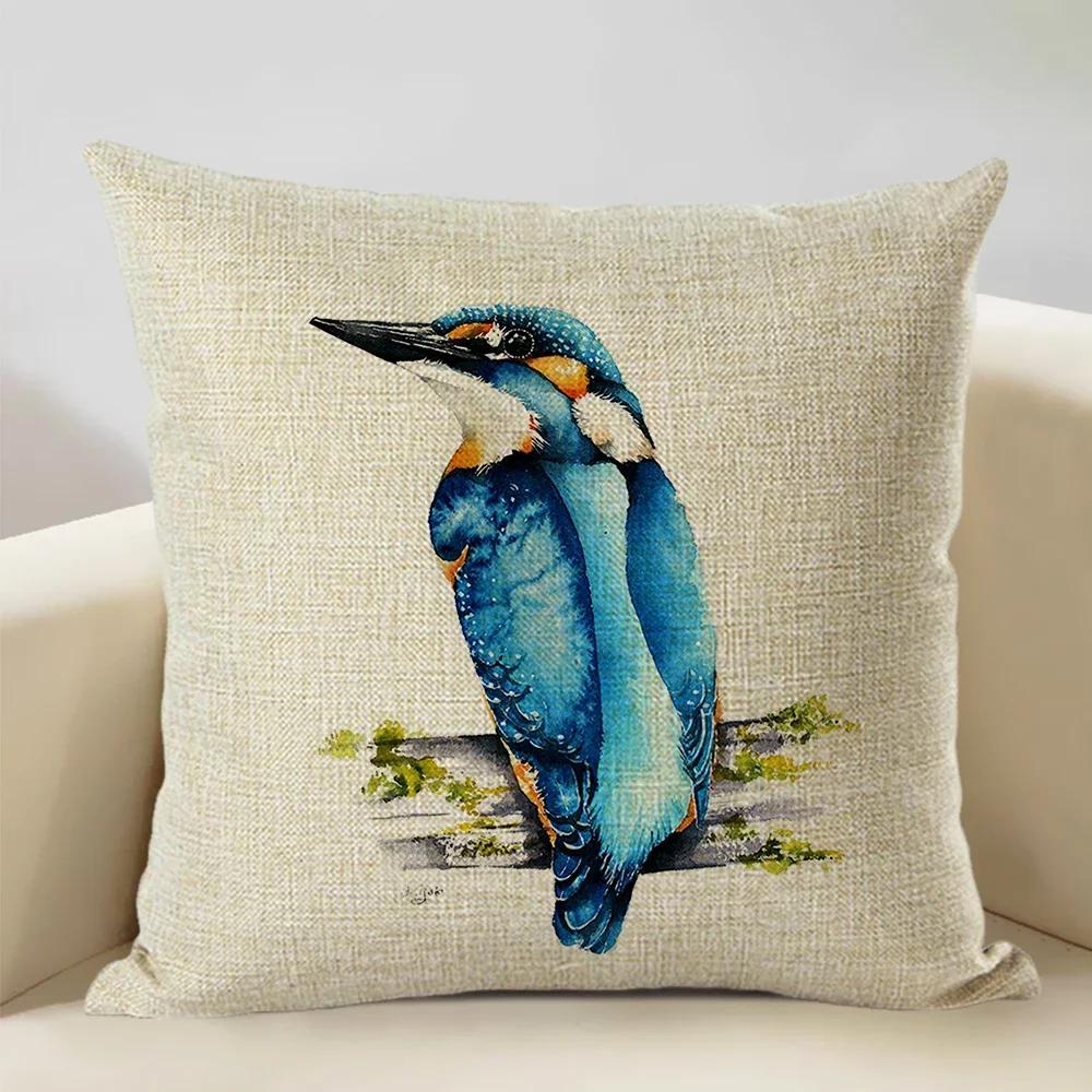 Watercolor Animal Bird Home Sofa Pillow Case Kingfisher Printed Decoration Throw Pillowcas 45x45cm Cushion Cover