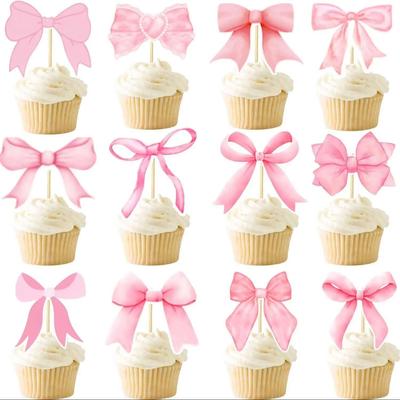 24/48Pcs Pink Bow Cupcake Topper Pink Bow Birthday Party Decor Bridal Shower Cake Topper Wedding Party Decoration Photo Props
