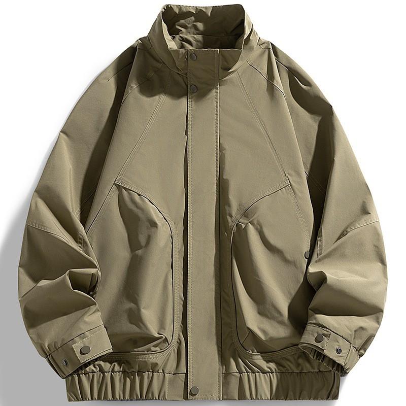 Mens Solid Color Stand Collar Jacket Casual Sporty Workwear Windproof Outerwear Loose Fit Fall