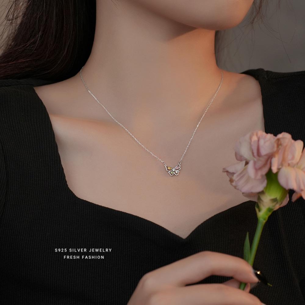 925 Sterling Silver Korean Sweet Colored Zircon Butterfly Pendant Necklace for Women Wedding Party Jewelry