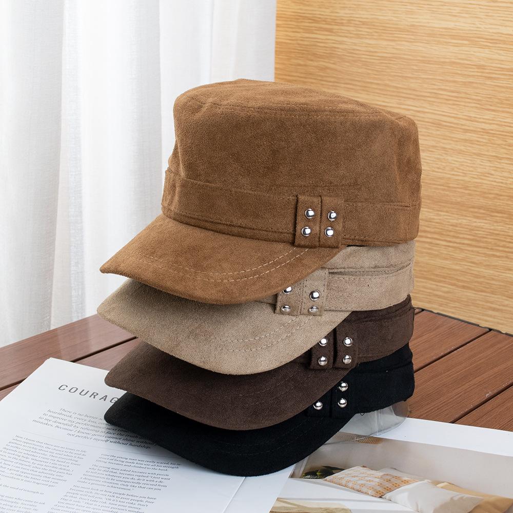 Retro Suede Big Head Circumference Flat Top Cap Women's Autumn and Winter Fashion Rivet Versatile Face Small Equestrian Hat