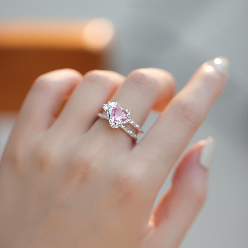 Trendy Pink Heart Zircon Adjustable Ring with Tin Foil Texture for Women Adjustable Open