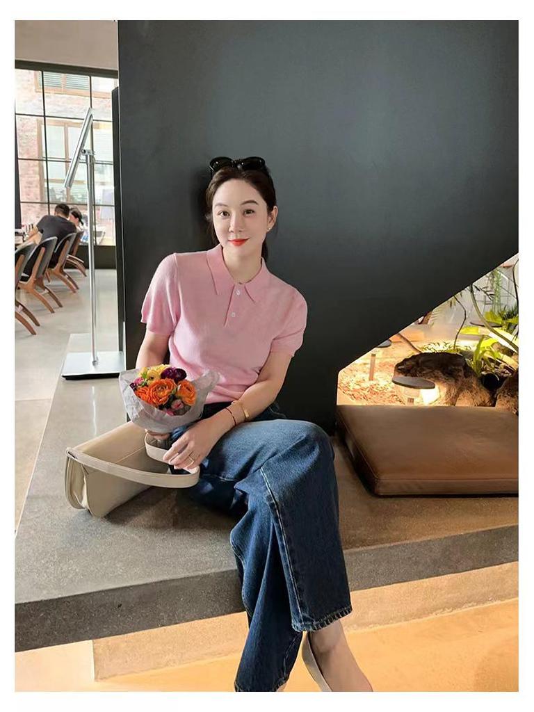 Korean Style Slimming Polo Collar Knit Shirt - Women's Casual Summer Pullover