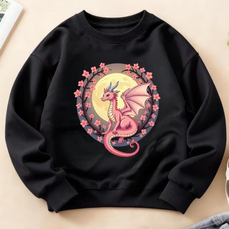 Kids Crewneck Sweatshirt, Cherry Blossom Moon Pink Dragon Dreamy Fantasy Fun Print