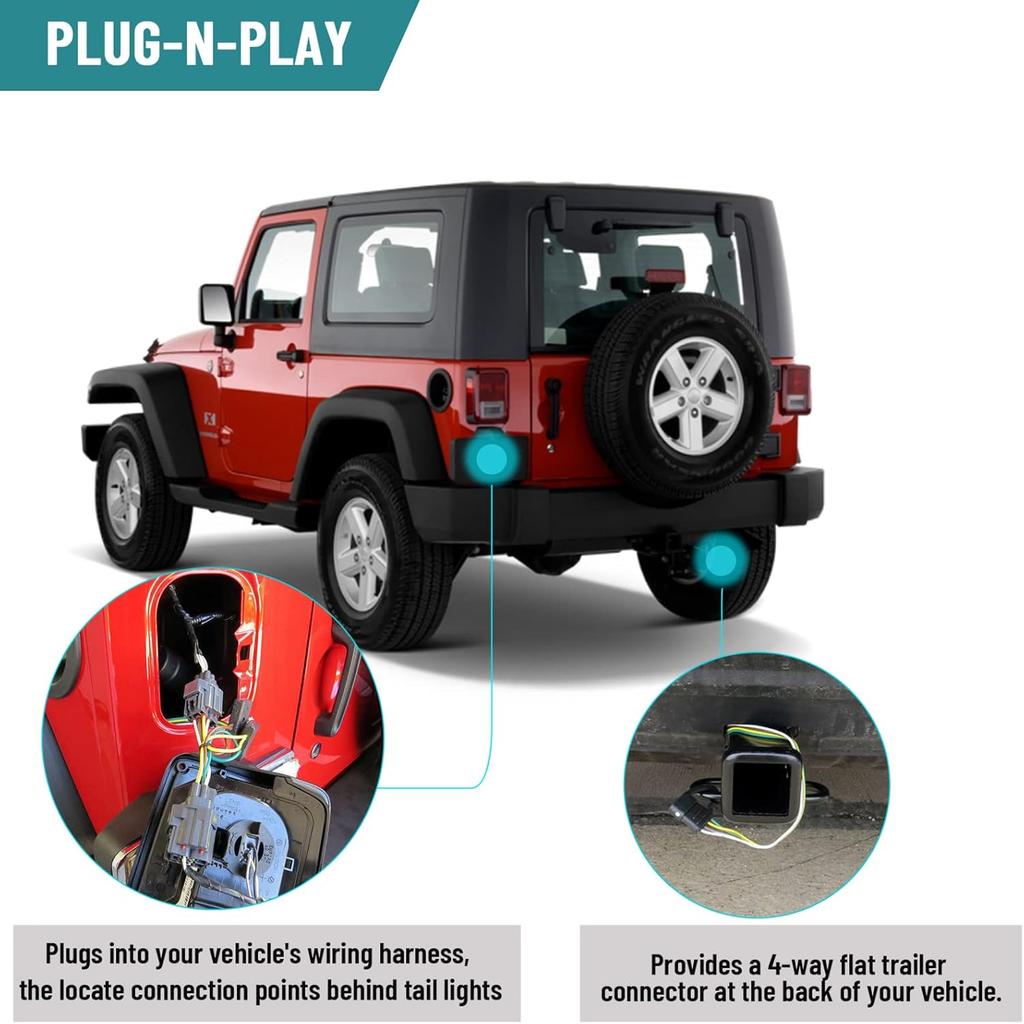 4-Way Flat Trailer Wiring Harness 55363 for 1998-2006 Jeep Wrangler TJ Vehicle-Side 4 Pin Trailer Towing Hitch Wiring for Jeep TJ 4 Prong Trailer