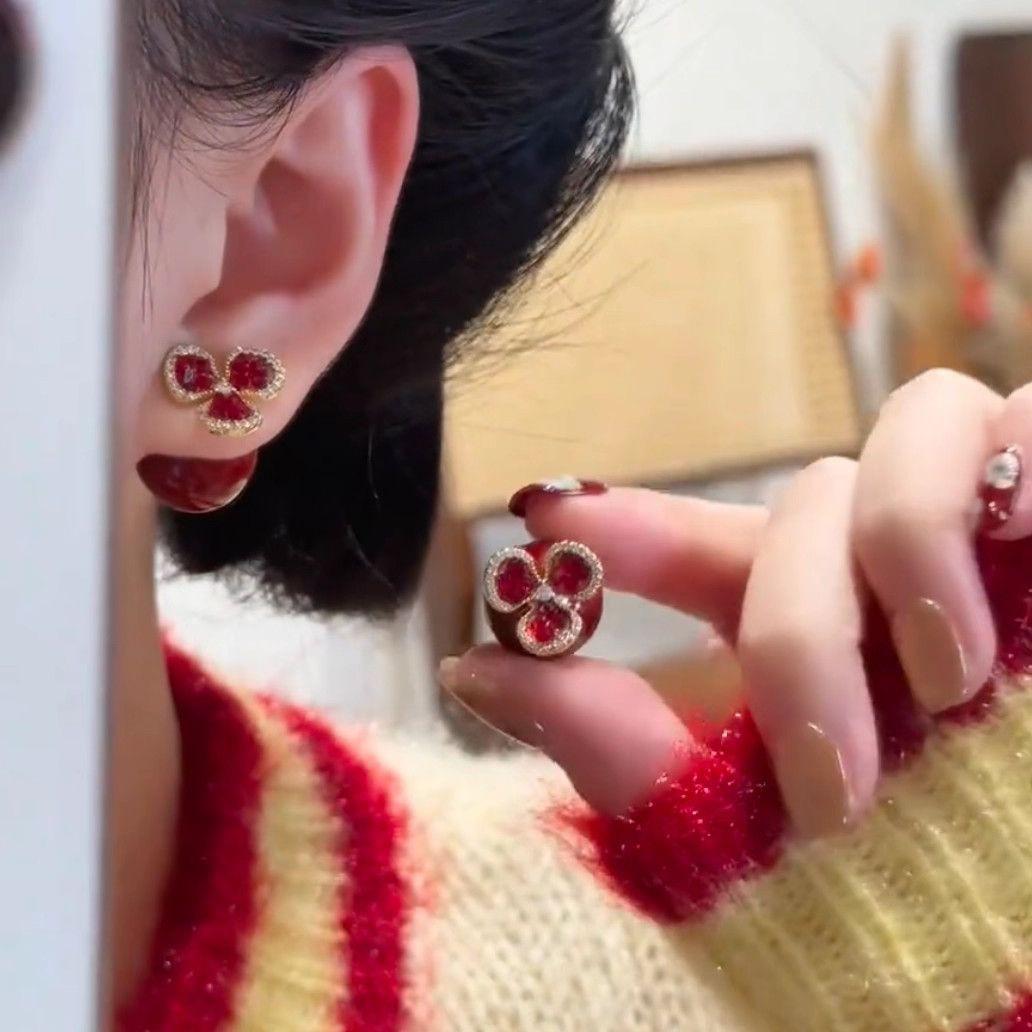 

Red Flower Round Bead Earrings: Stylish Two-Way Design for Women Electroplated