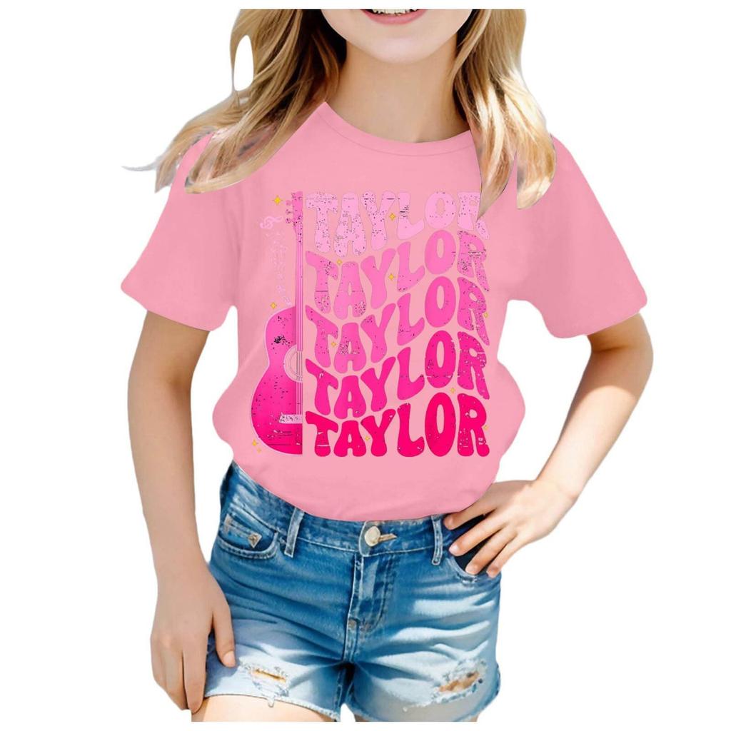 Summer Round Neck 3D Guitar Printed Top Fashionable Casual Short Sleeved Children's Girl T-shirts