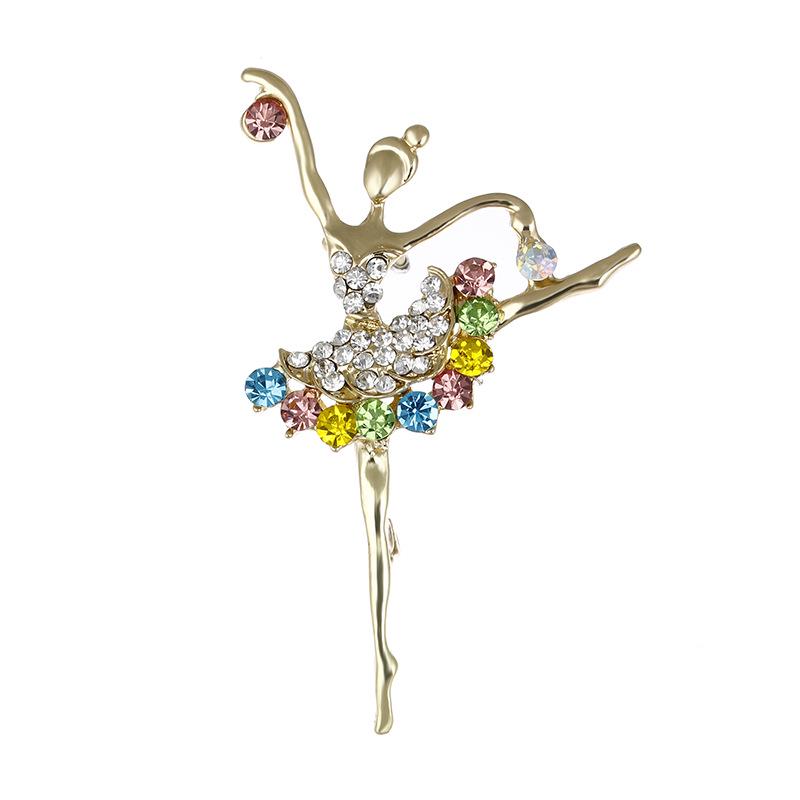 Elegant Gold-Plated Ballerina Brooch with Colorful Rhinestones