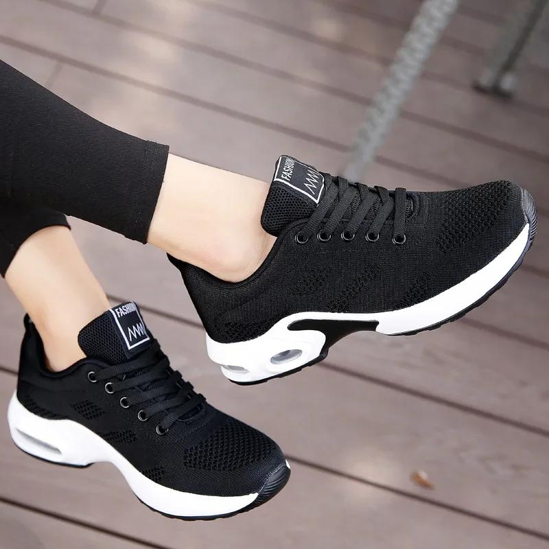 Women's Shoes Trendy Air Cushion Cushioning Running Shoes Fly Woven Mesh Breathable Design Track Field Jogging Lace Up Shoes