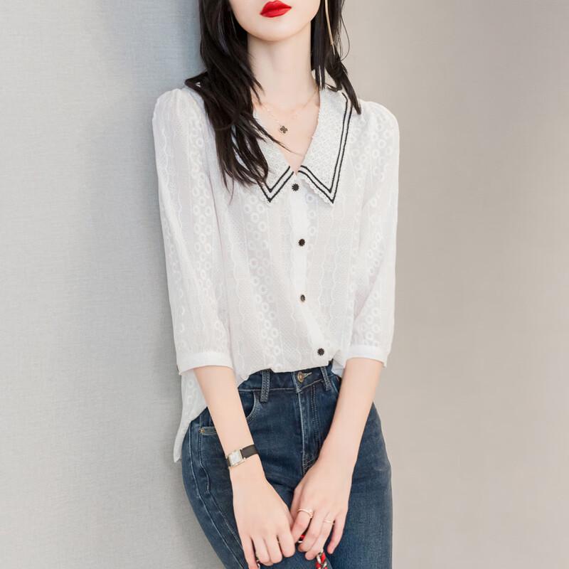 Srcr Women's Hollow Doll Collar Half-Sleeve Shirt