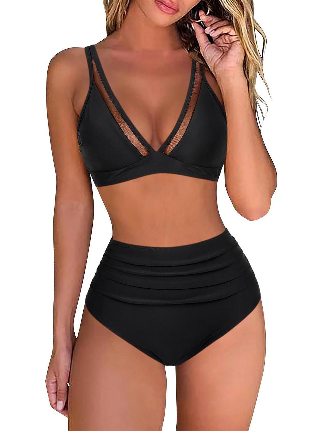 

2024 Купальник бикини с высокой талией, сетчатыми вставками и открытой спиной - Сексуальный европейский и американский стиль M чёрный