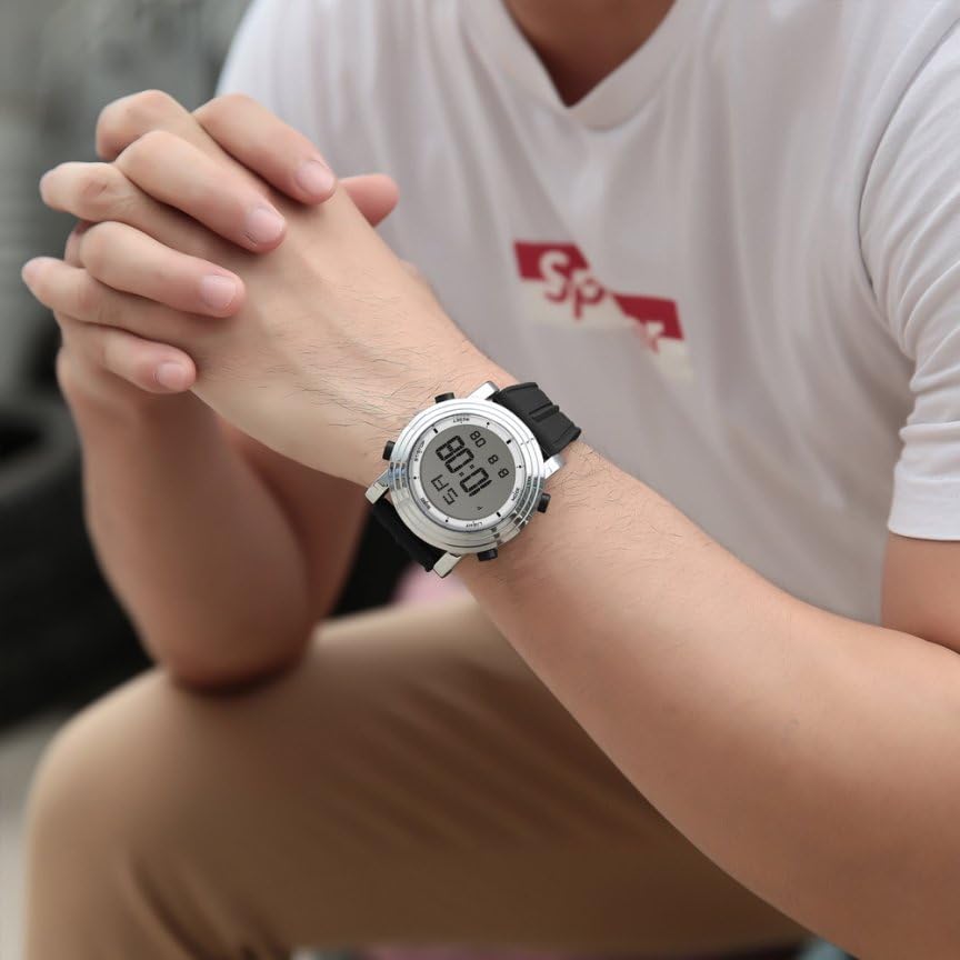 BUREI Men's Digital Watch with LED Display, Waterproof, Stylish Sports and Outdoor Watch with Date Display and Multifunction, Silver