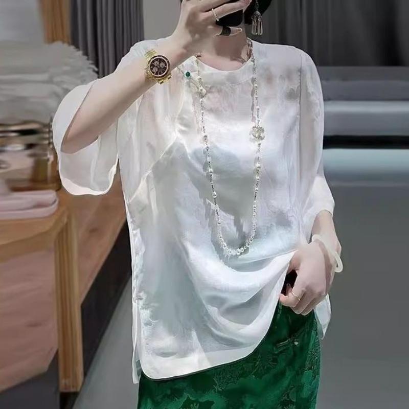 

Women s White Sheer Mandarin Collar Half-Sleeve Blouse with Subtle Embroidery L білий