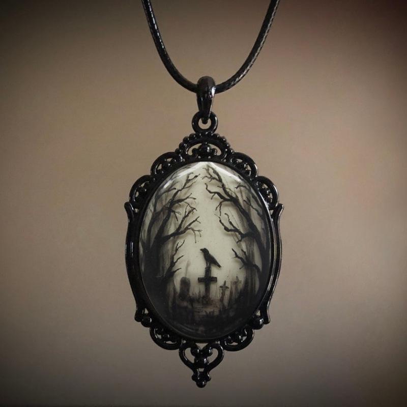 Gothic Raven Forest Pendant Charm Necklace
