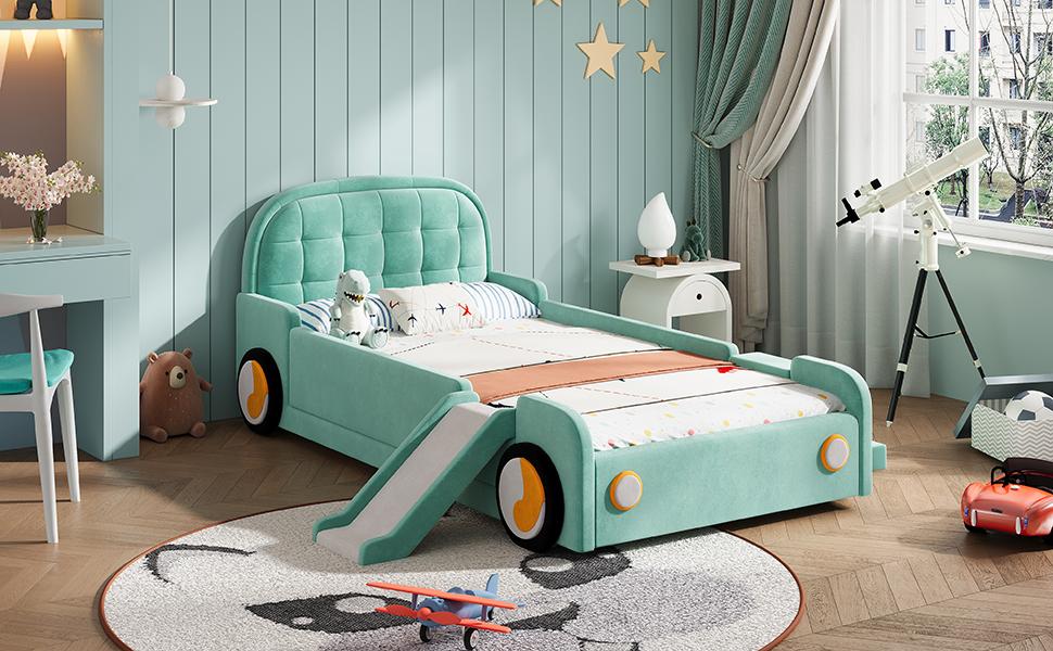 Bett, Autofahrerbett mit Rutsche und Treppe, Links/Rechts montierbar, Polsterbett in Petrol, Spielbett mit Absturzsicherung für Kinderzimmer, 90x200 cm