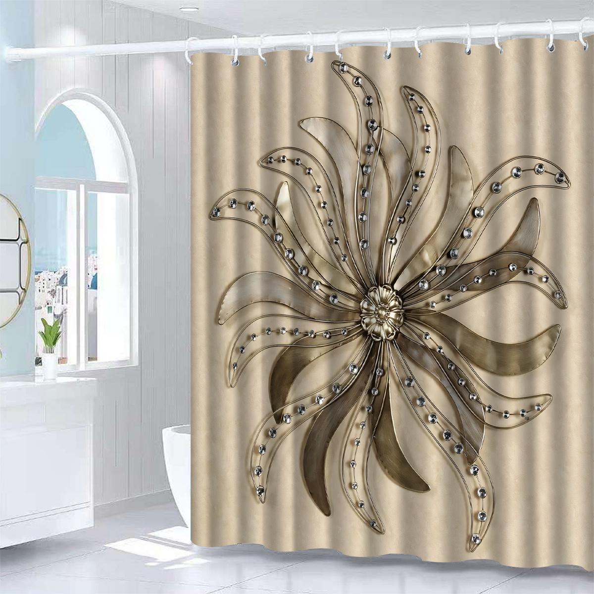 Elegant Floral Shower Curtain, Golden Starburst Design, Sparkling Accents,  Perfect for Modern Bathroom Decor W90xH180cm