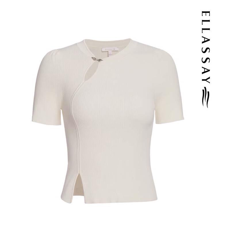 ELLASSAY Women's New Chinese Style Short Sleeve Knit Top