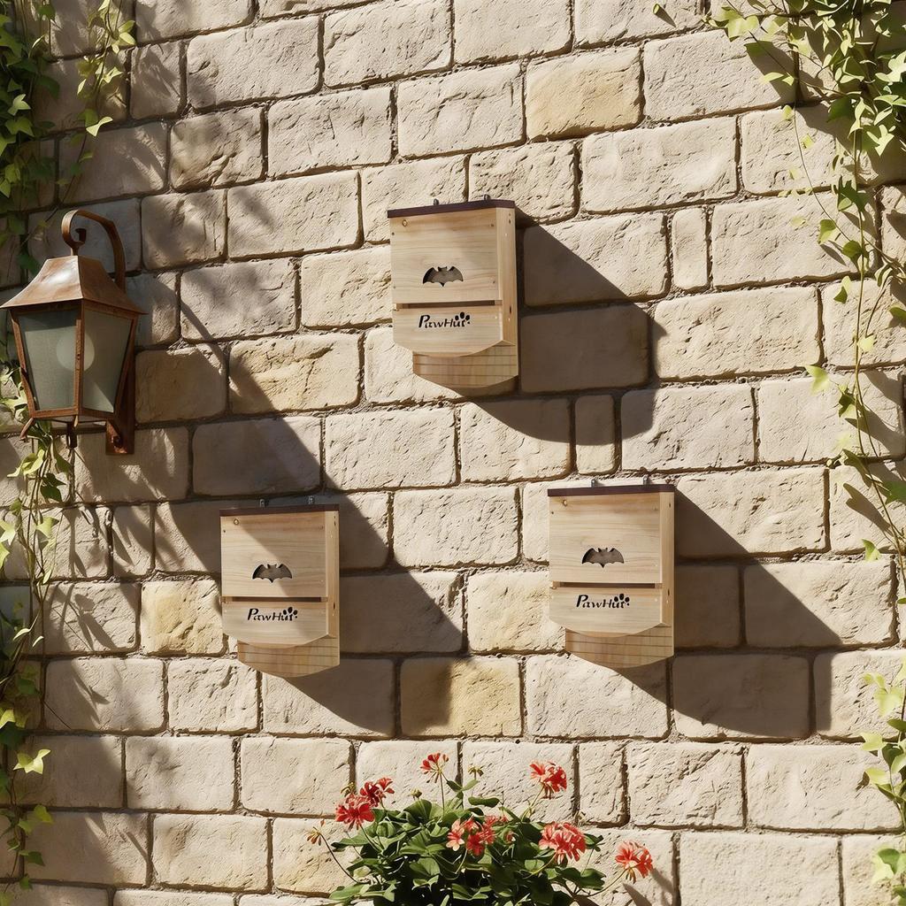 Bat Boxes, Pack of 3 Wooden Bat Houses for Outdoor, Garden, Farm, Easy to Hang, 23 x 9.5 x 36.5 cm, Natural
