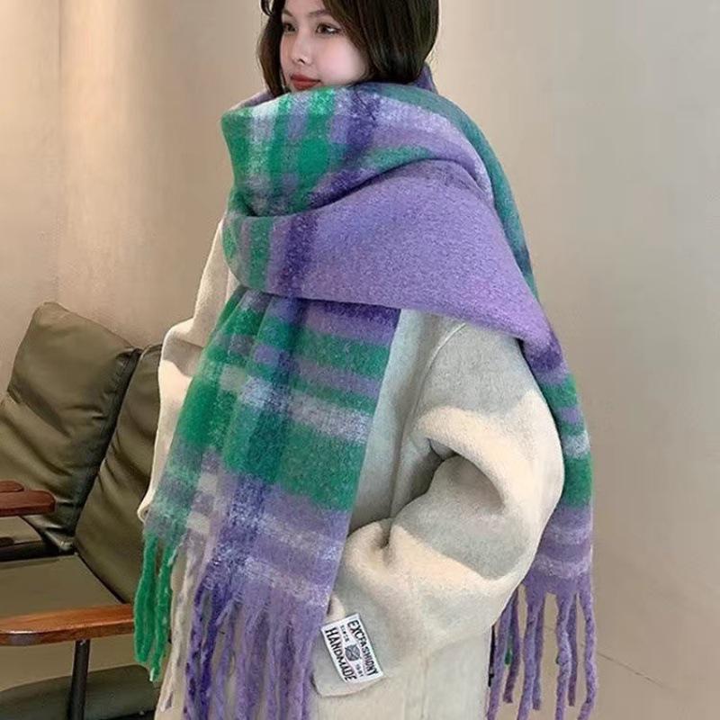 Women's Thick Plaid Yarn Scarf - Versatile, Warm, College Style for Fall/Winter