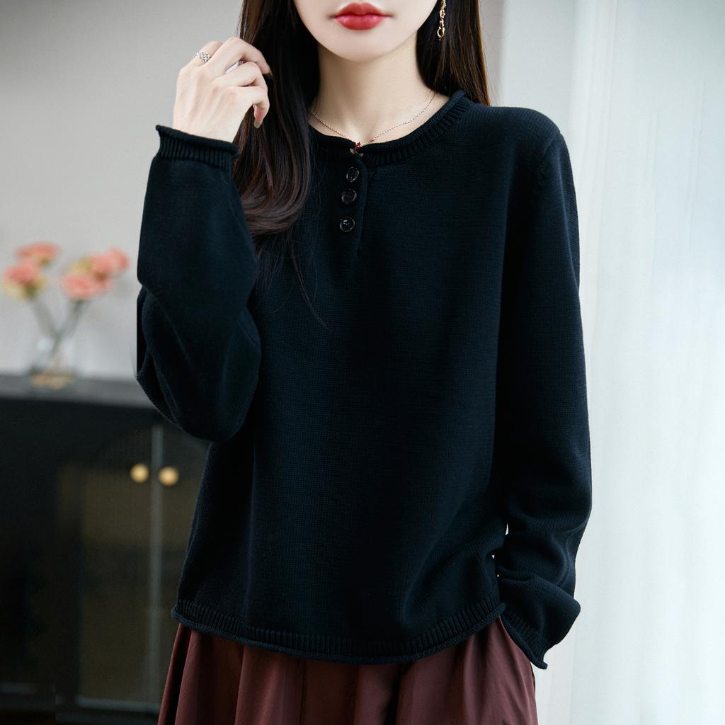 Long-sleeved Knitted Sweater, Women's Autumn and Winter Rolled-up Round-neck Loose Pullover Base Layer