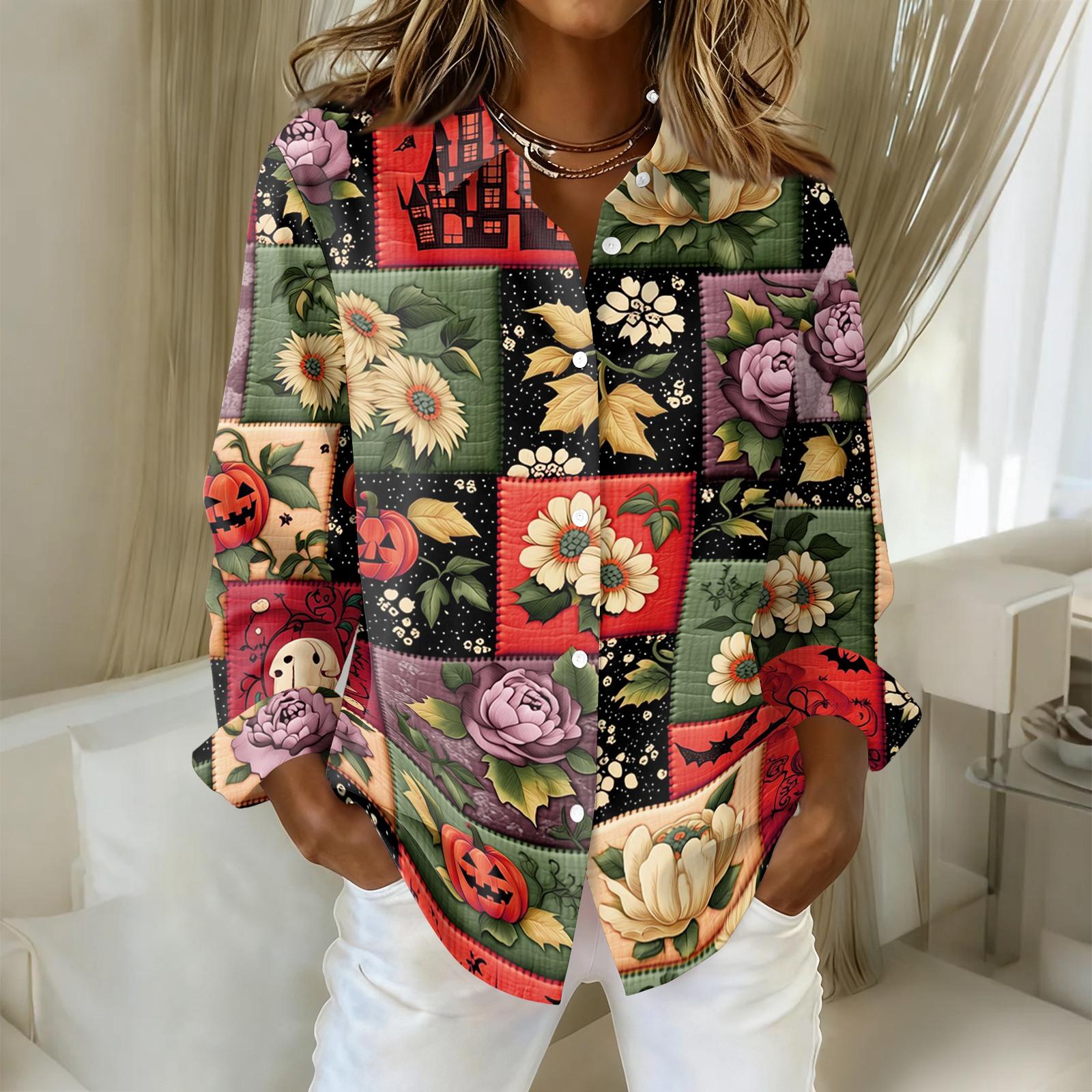 Women s Halloween Print Button Down Long Sleeve Blouse, Casual Collared Shirt Top S