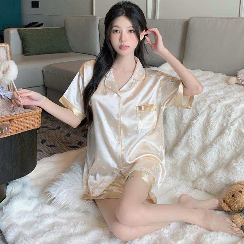 Summer 2 Piece Women Set Short Sleeve Black Tops and Shorts Pajamas Woman Silk Fashion Elegant Luxury Satin Sleepwear Polka Dot Printing Pajama Set