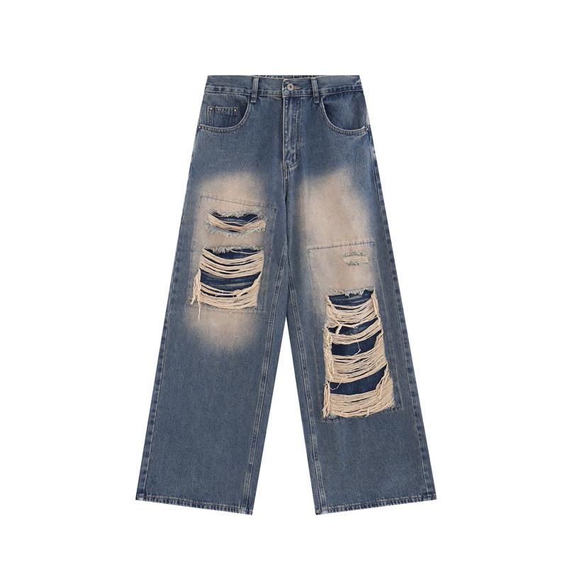 Summer Street Style Patchwork Hole Jeans for Men - Trendy Loose Fit Straight Pants