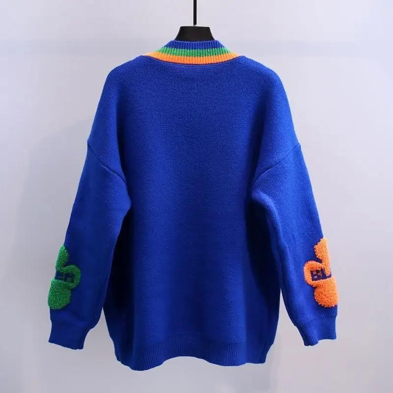 Blue Acrylic Knit V-Neck Letter Flower Casual Women's Cardigan Sweater Single Breasted Cardigan Women Clothing Thick Winter
