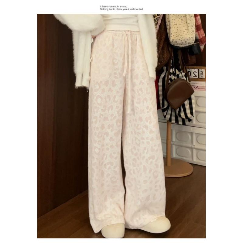 

Pink Leopard Print Glutinous Rice Pants for Women Autumn and Winter 2025 New Style Lazy Slim Retro Versatile Casual Pants S рожевий
